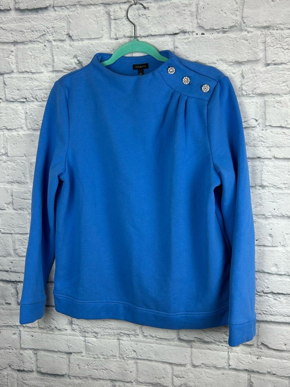 Talbots Blue Embellished Shoulder Sweatshirt Pullover Large Cotton Blend